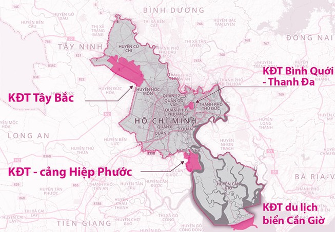 Theo đề xuất, TP.HCM sẽ phát triển bốn KĐT mới là cảng Hiệp Phước, KĐT Tây Bắc, KĐT Bình Quới - Thanh Đa, KĐT du lịch biển Cần Giờ. Đồ họa: HỒ TRANG