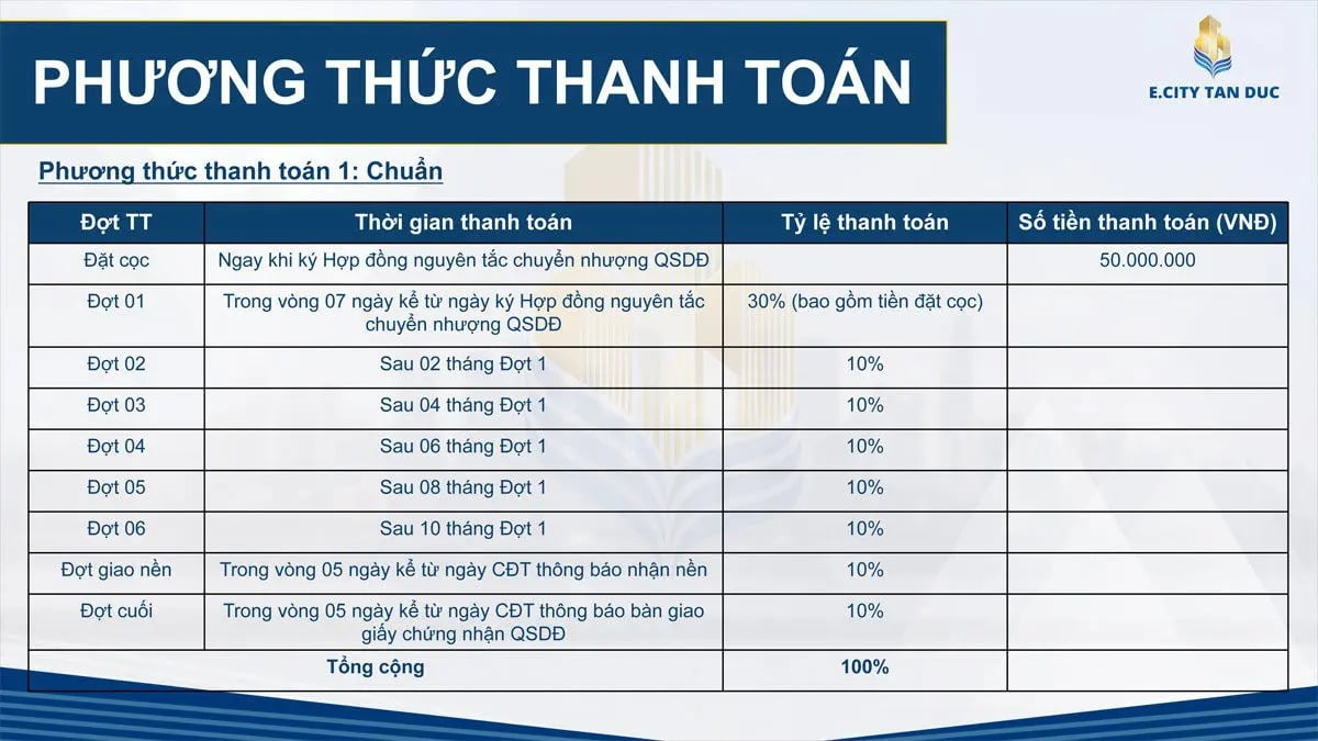 Phương thức thanh toán Dự án E City Tân Đức